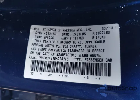 2013 Honda Accord Ex-L V-6 from USA, damaged, VIN 1HGCR3F84DA029228
